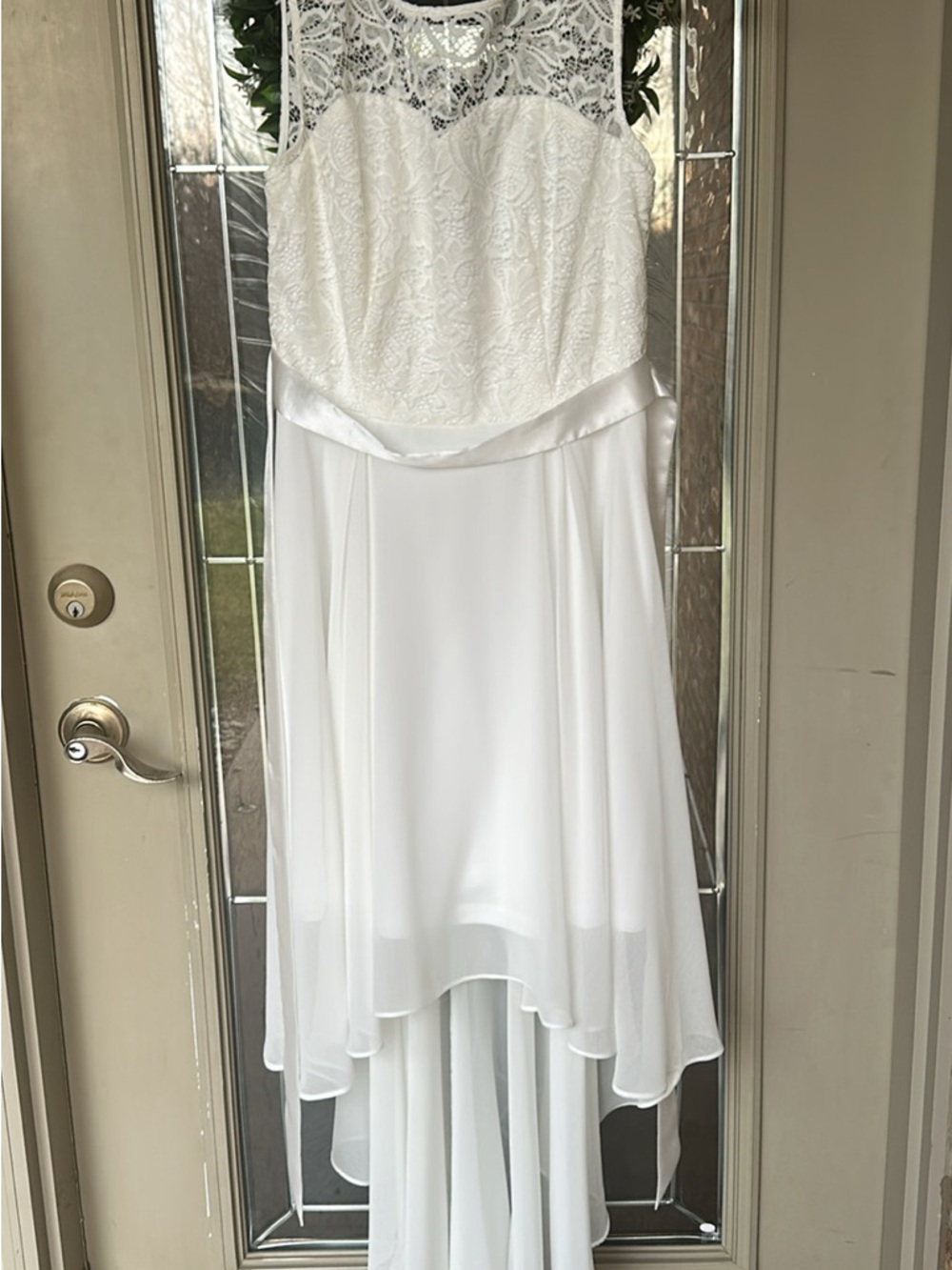 White Lace Bodice Satin Waist Bridal Dress